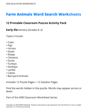 Farm Animals Word Search Worksheets – 12 Printable Classroom Puzzles (Grades K-2)