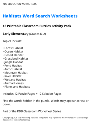 Habitats Word Search Worksheets – 12 Printable Classroom Puzzles (Grades K-2)