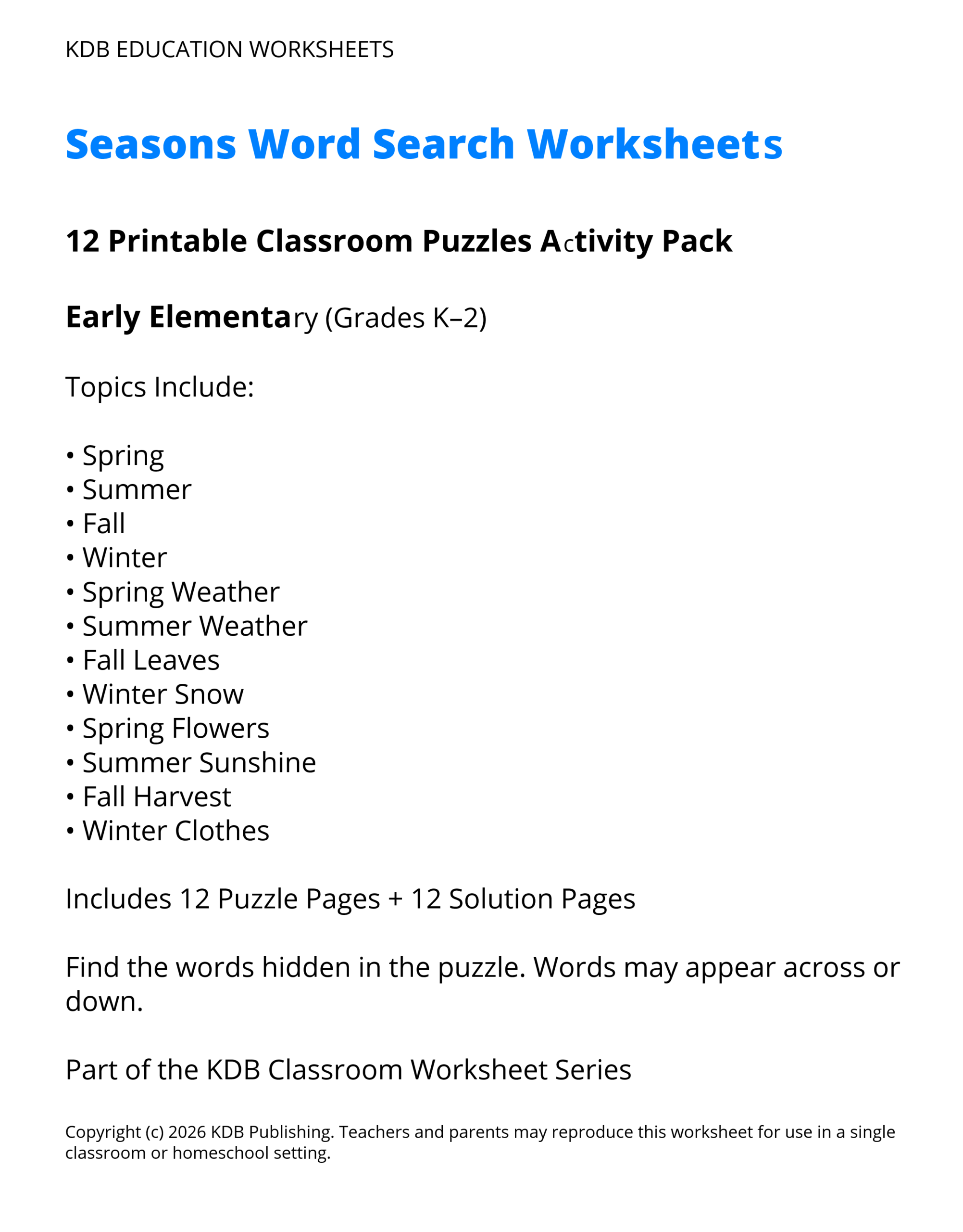Seasons Word Search Worksheets – 12 Printable Classroom Puzzles (Grades K-2)