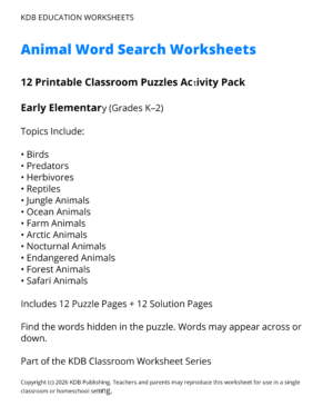 Animals Word Search Worksheets – 12 Printable Classroom Puzzles (Grades K-2)