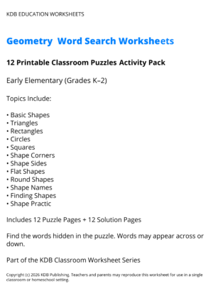 Geometry Word Search Worksheets K-2