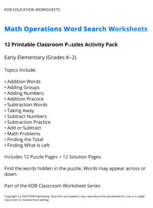 Math Operations Word Search Worksheets K-2