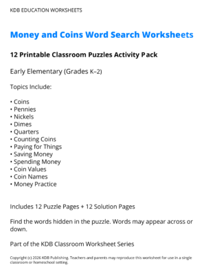 Money & Coins Word Search Worksheets K-2