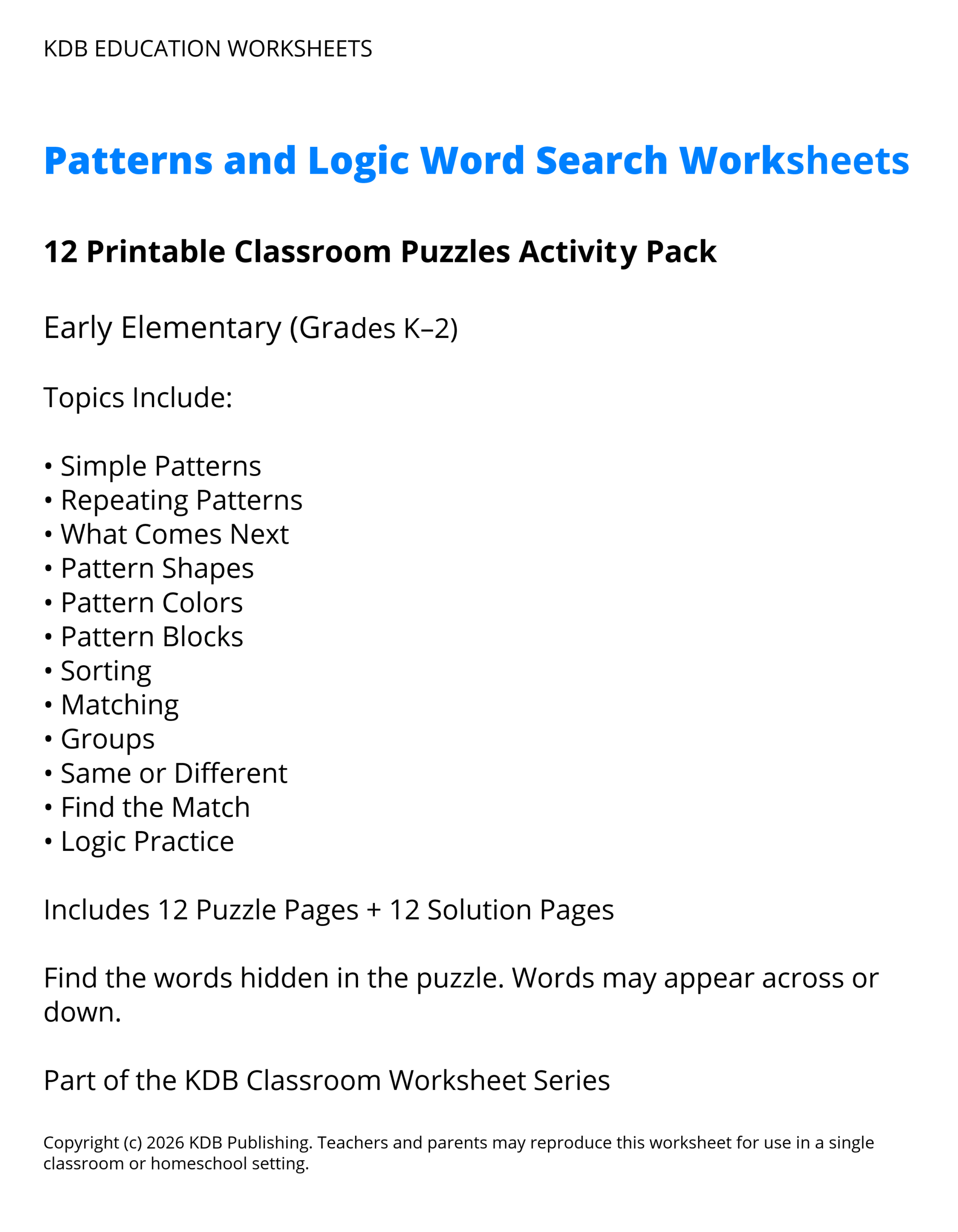 Patterns & Logic Word Search Worksheets K-2