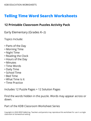 Telling Time Word Search Worksheets K-2