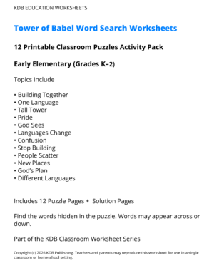 Tower of Babel Word Search Worksheets – Early Elementary (Grades K–2)