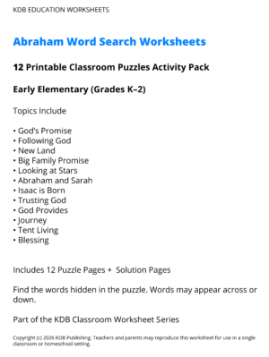 Abraham Word Search Worksheets – Early Elementary (Grades K–2)