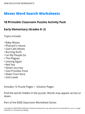 Moses Word Search Worksheets – Early Elementary (Grades K–2)