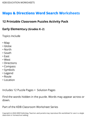 Maps and Directions Word Search Worksheets - Early Elementary (Grades K-2)