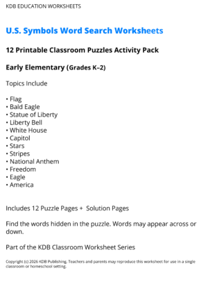 US Symbols Word Search Worksheets - Early Elementary (Grades K-2)