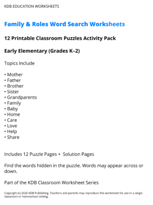 Family Roles Word Search Worksheets - Early Elementary (Grades K-2)