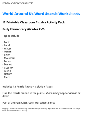 World Around Us Word Search Worksheets - Early Elementary (Grades K-2)