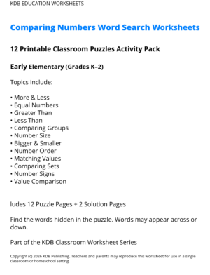Comparing Numbers Word Search Worksheets - Early Elementary (Grades K-2)