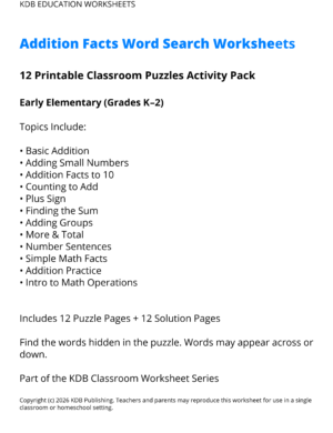 Addition Facts Word Search Worksheets - Early Elementary (Grades K-2)