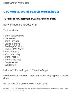 K-2 CVC Words Word Search Worksheets