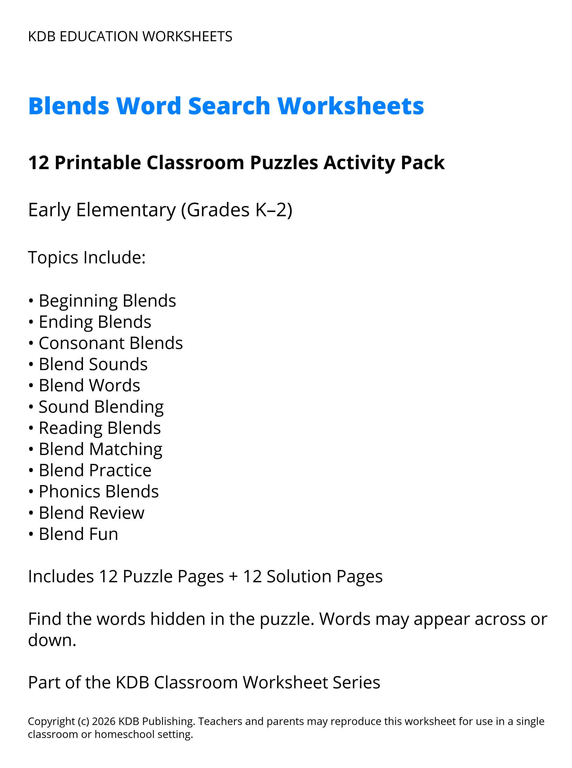 K-2 Blends Word Search Worksheets