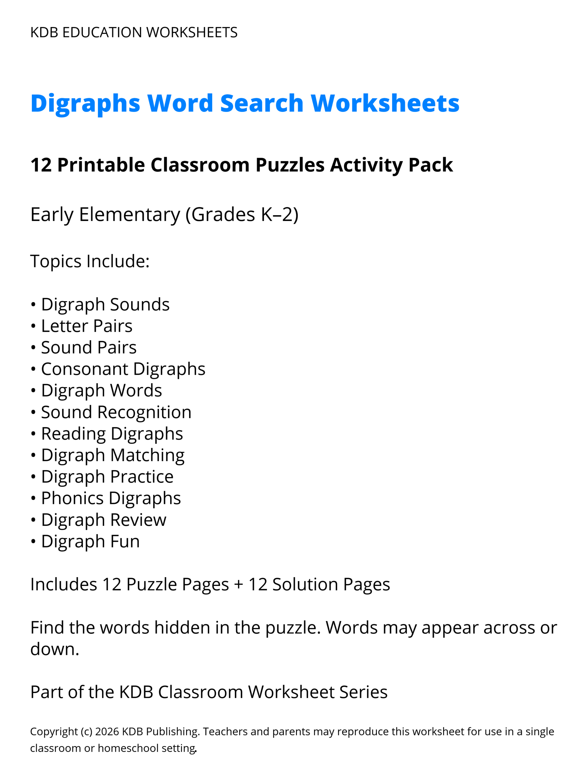 K-2 Digraphs Word Search Worksheets